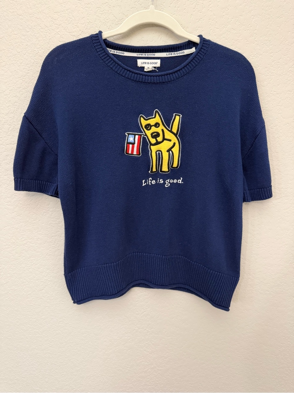 Life is Good Knit Dog Flag Roll Neck Short Sleeve Sweater Patriotic Americana M